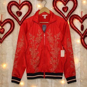 F21 Red Athletic Jacket w/ gold floral embroidery